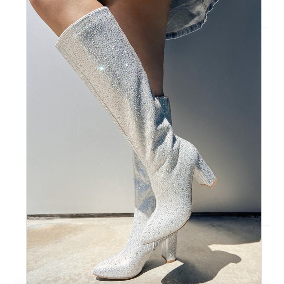 Top Moda Size 6.5 Silver Rhinestone Iridescent Knee High Boots Sparkly Pointed - Picture 1 of 15